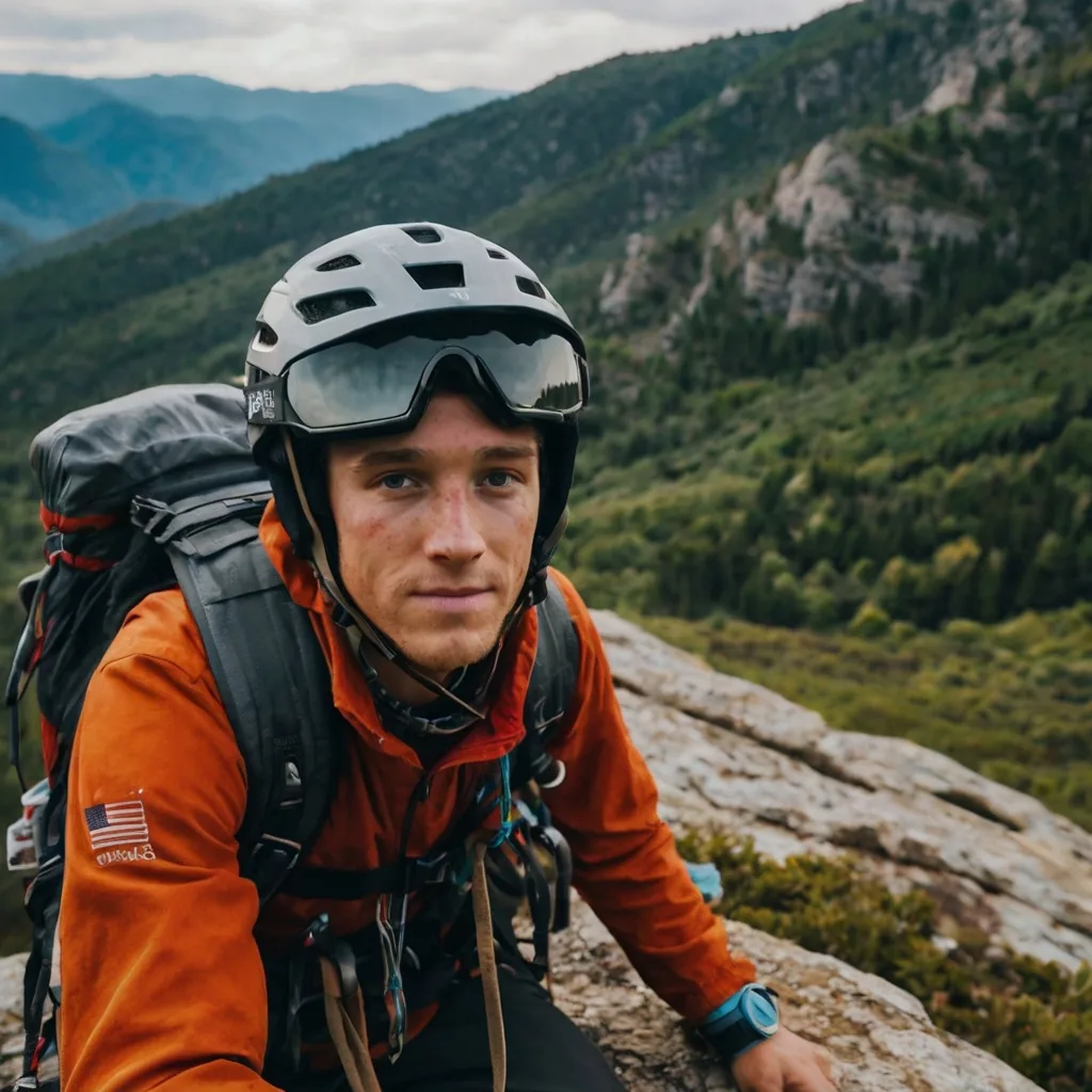a man wearing a helmet and a backpack sitting on a rock